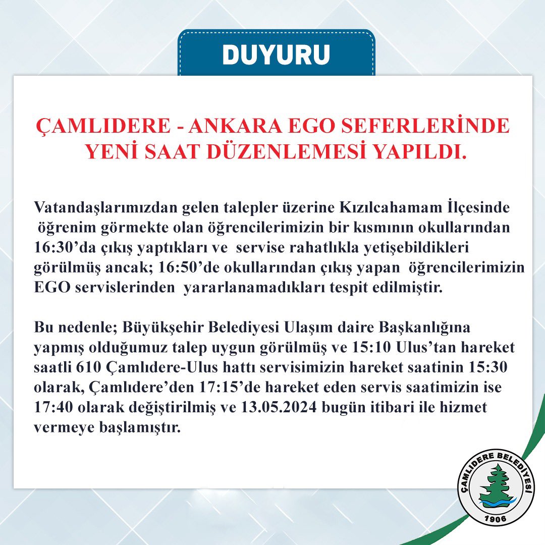 Göreve geldiğimizde ilk günlerde özellikle çocuklarımız ve velilemizden EGO otobüs seferlerindeki saat problerimini öğrenmiş ve zaman kaybetmeden Büyükşehir Belediyesinin ilgili birimin ile gerekli talep ve istişareyi gerçekleştirip, mağduriyetin giderilmesine katkı sağlamış…