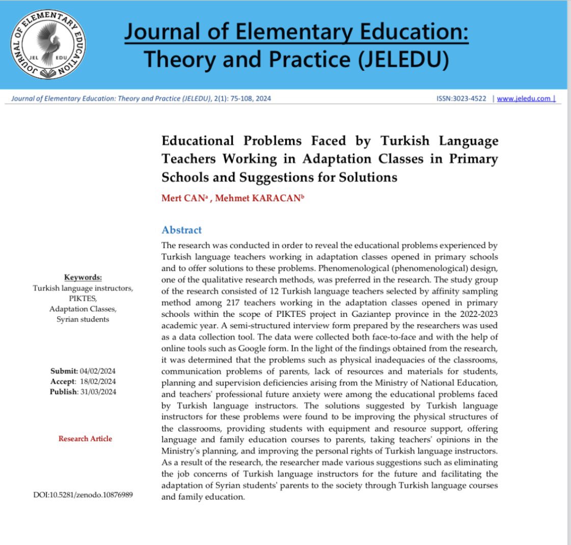 Jel_Edu's tweet photo. Educational Problems Faced by Turkish Language Teachers Working in Adaptation Classes in Primary Schools and Suggestions for Solutions 

Mert CAN &amp; Mehmet KARACAN

✅ https://t.co/4cDavIppnf

#jeledu 
#PIKTES #piktes 
 #syrianstudents https://t.co/EeuvA5FcXW