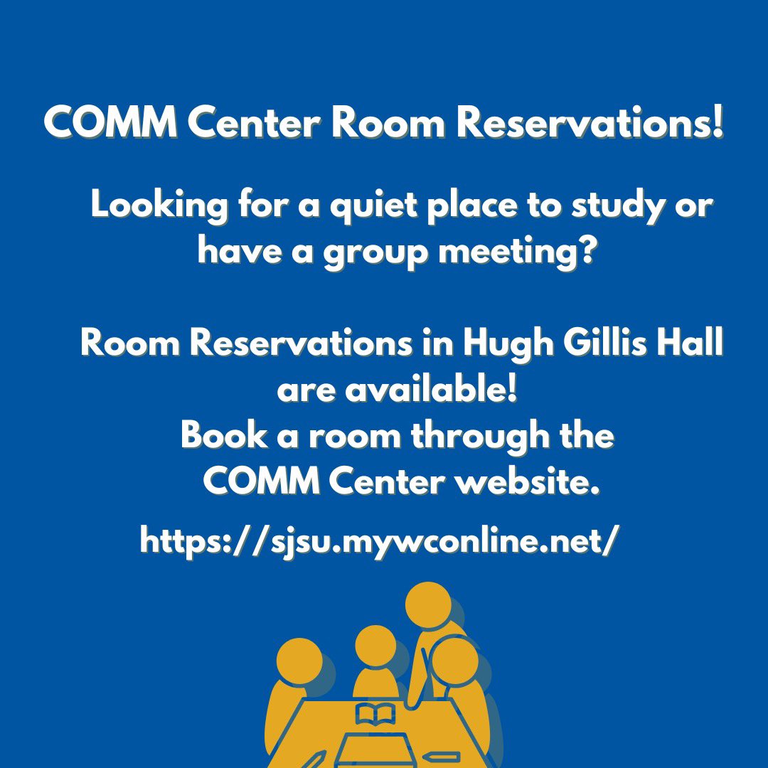 commsjsu's tweet image. Happy Finals Week Spartans! Looking for a quiet place to study or have a meeting? Room reservations in HGH are available! Book a room through the COMM center website! sjsu.mywconline.net

#sjsu #commsjsu #commcenter
