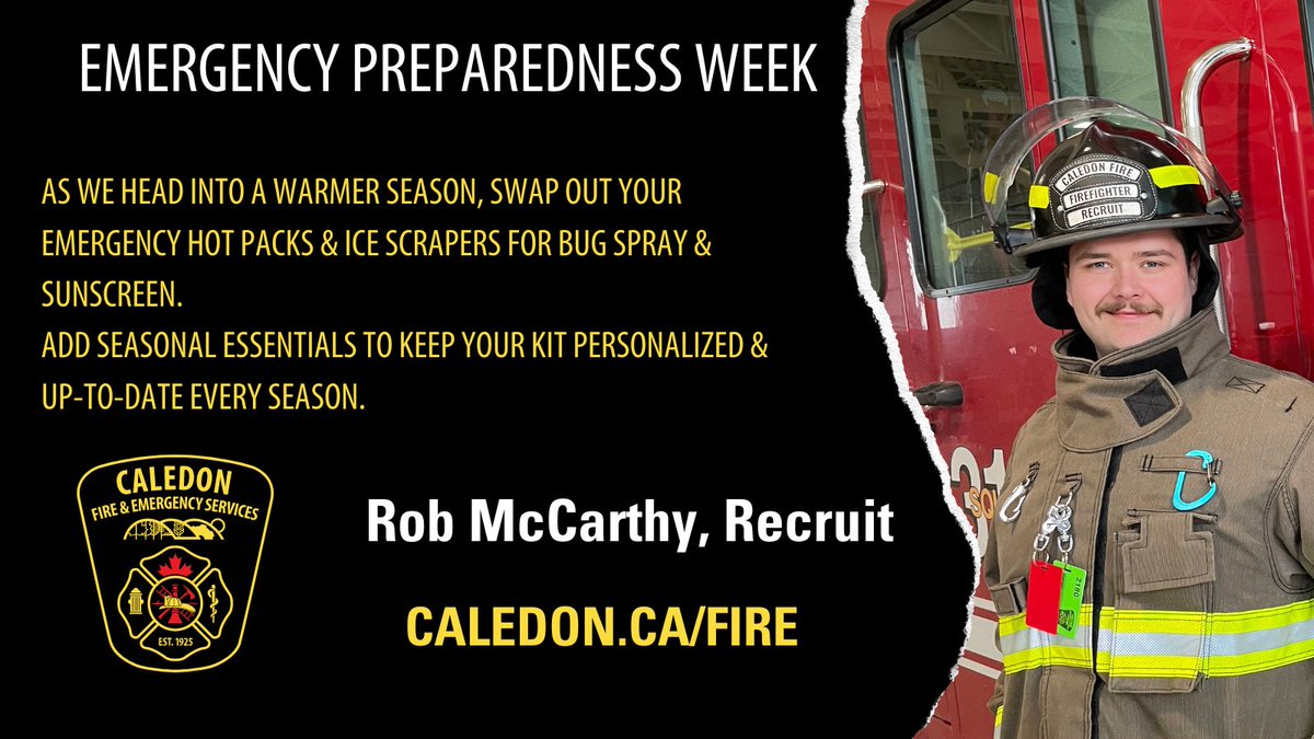 'As we head into a warmer season, swap out your emergency hot packs and ice scrapers for bug spray and sunscreen. Add seasonal essentials to keep your kit personalized and up-to-date every season.' – Rob, Recruit

#Caledon #EmergencyPreparedness #ReadyForAnything