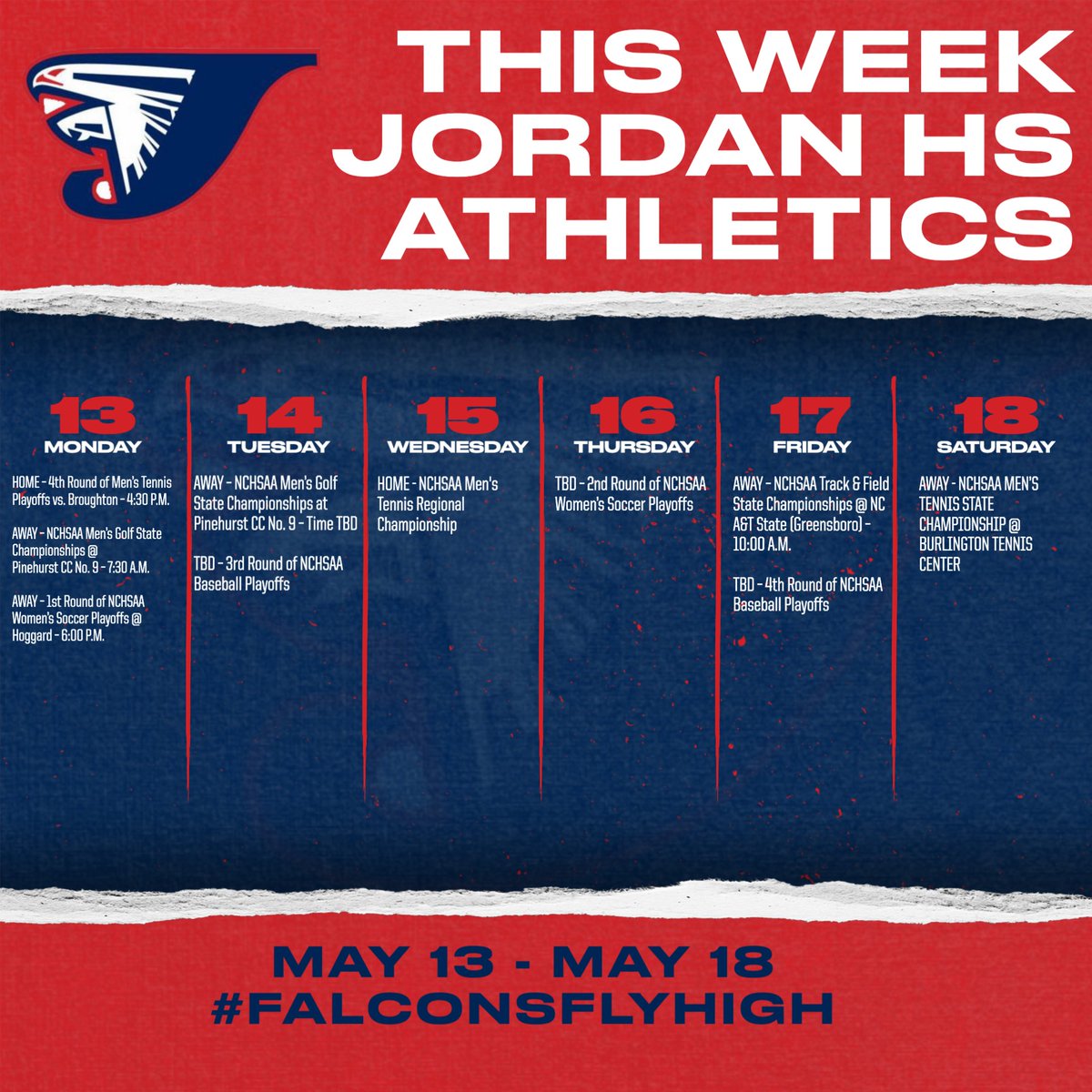 Here are your Falcon 
@jordanfalcons
 sporting events for the Week of May 13th:

🎟️Purchase your tickets at gofan.co/app/school/NC4… or via the GoFan App.

🛄 CLEAR BAG POLICY at DPS athletic events. Clear bags for purchase from 
@jordanhsbooster