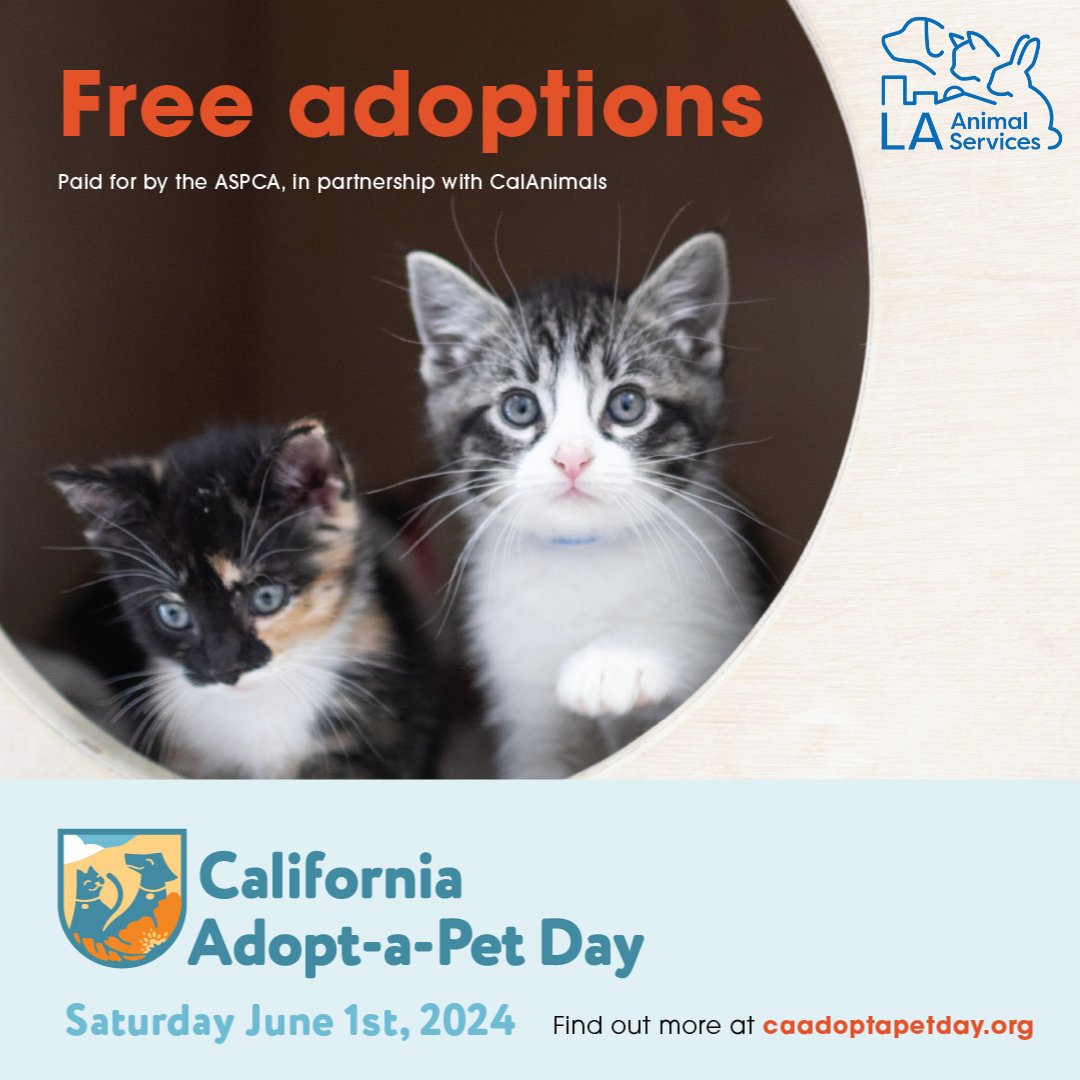 LACityPets's tweet photo. California Adopt-a-Pet Day is coming up on June 1st, &amp; we're thrilled to participate! Join us for a special adoption event where adoption fees are waived &amp; you can meet our wonderful pets. Thanks to @CalAnimals, @SFSPCA, &amp; @ASPCA for their amazing support! #CAAdoptAPetDay https://t.co/GmnHBLl3Vj