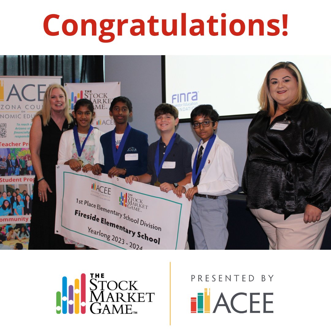 AzCouncilEconEd's tweet photo. Congratulations to Fireside Elementary School, @pvschools, on securing 1st place in the Elementary Yearlong Division of The Stock Market Game! Proud of everyone's effort and achievement!

#TheStockMarketGame  #FinLit #CommitToFinLitAZ https://t.co/pzSehpmZk0