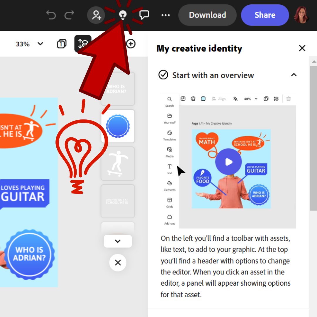 Is that a new button I see? That 💡is the 'Learn' button, which shows creators step-by-step how to interact with a template! 💖👏🏼 @AdobeExpress  @AdobeForEdu #adobeEDUcreative #vbits