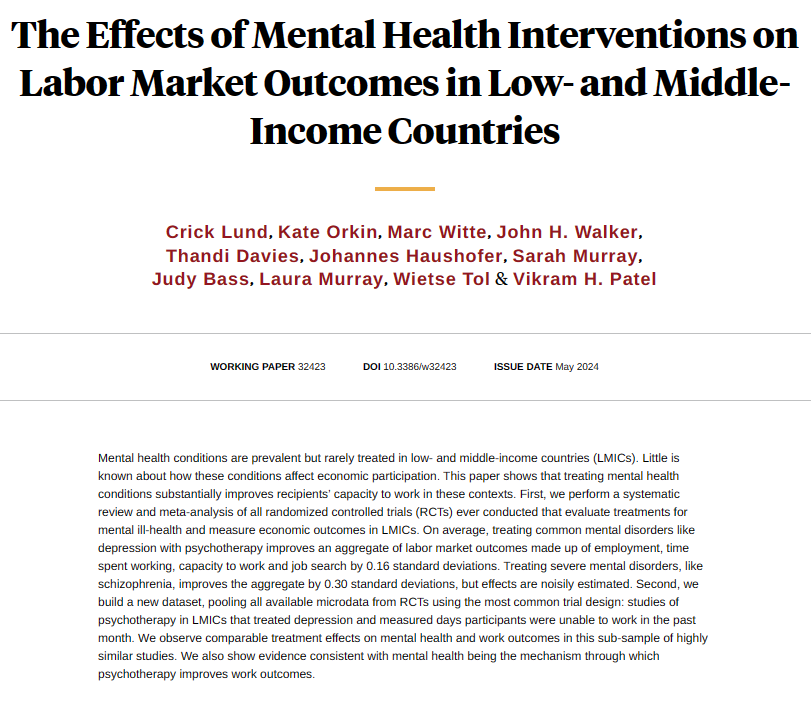 Psychotherapy improves economic participation for people experiencing anxiety and depression in low-and middle-income countries, from Lund, @kateorkin, Witte, Walker, Davies, @jhaushofer, Murray, Bass, Murray, Tol, and Patel nber.org/papers/w32423