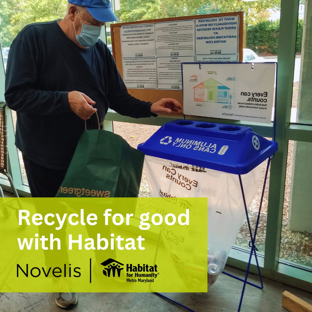 HabitatMM's tweet image. Habitat for Humanity is continuing its partnership with @novelis to recycle cans and turn them into cash for homes! Until October 31st, bring in your aluminum recyclable cans to the Rockville or Silver Spring ReStore to help us build a sustainable future! #RecycleForGood #Novelis