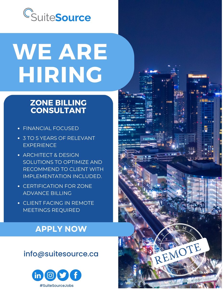 Our client is looking for an experienced Zone Billing Consultant to join their team. This is a #Remote opportunity in . Apply by email or visiting our career portal: ow.ly/WOQ550REBOm? #SuiteSourceJobs #Hiring #Apply #Applynow #Opportunity