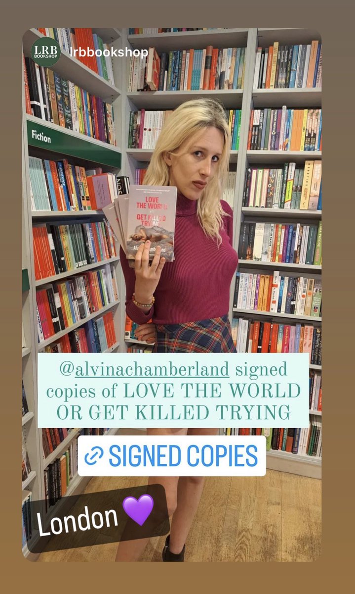 HetmoetMenard's tweet photo. Signed copies available of 
Alvina Chamberland’s LOVE THE WORLD OR GET KILLED TRYING 💕 @LRBbookshop https://t.co/jaRZypbrC2