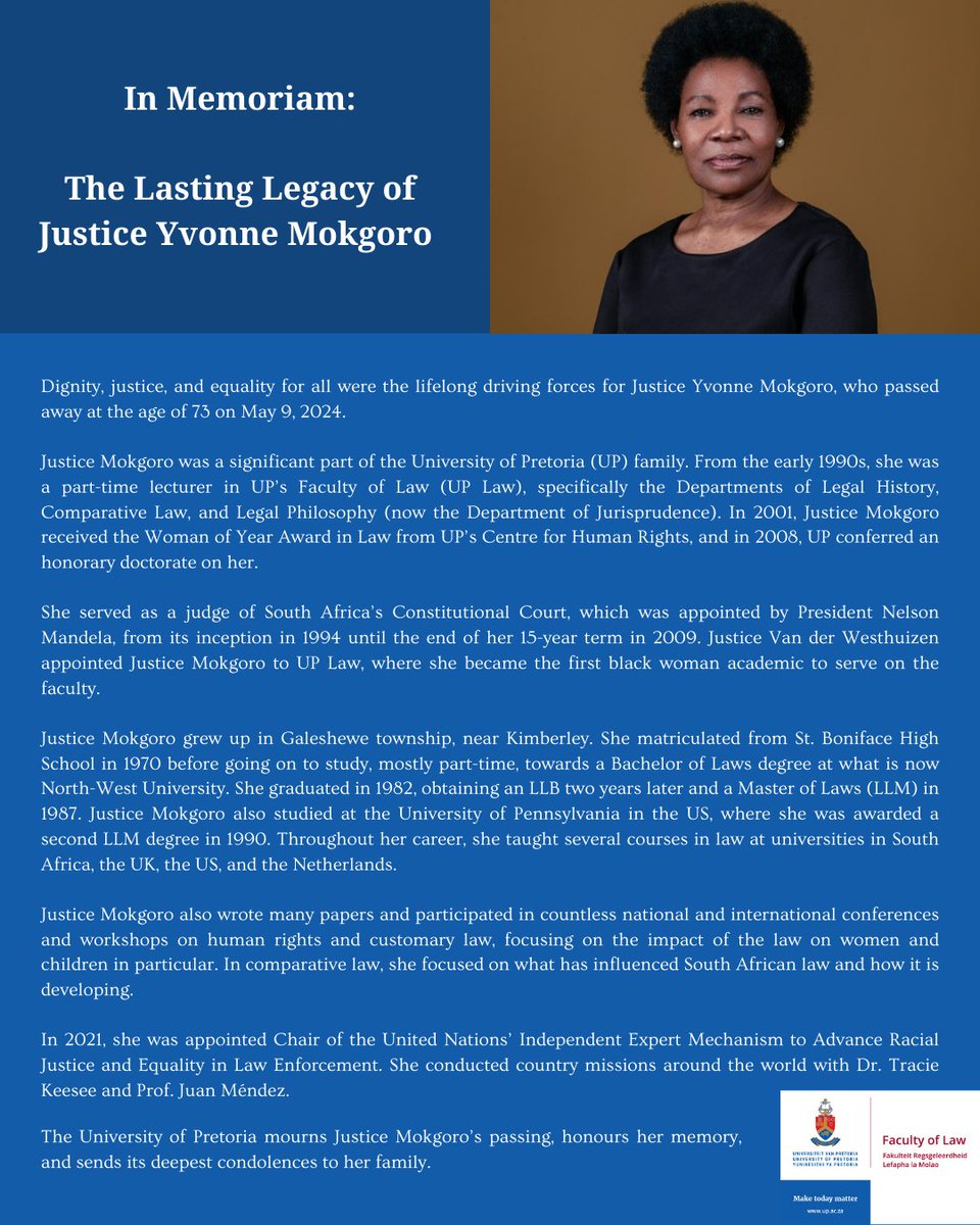 [In Memoriam: The Legacy of Justice Yvonne Mokgoro] UP Law mourns the passing of Justice Yvonne Mokgoro. We are incredibly grateful for the impact she made on our faculty and the legal field as a whole. We offer our heartfelt condolences to her family. #LegalPrimaFacie #UPLaw