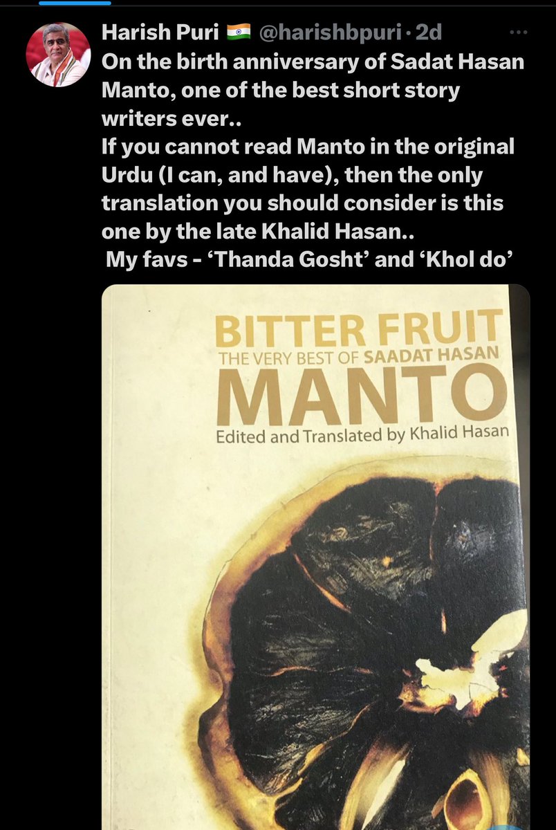 So @harishbpuri deleted his vile, disgusting & bigoted tweet. But he must be called out - cuz for too long - our absolute respect for the Army has allowed people like him to thrive and poison our society. The more shocking part is that this man is a #Manto fan…having read him in