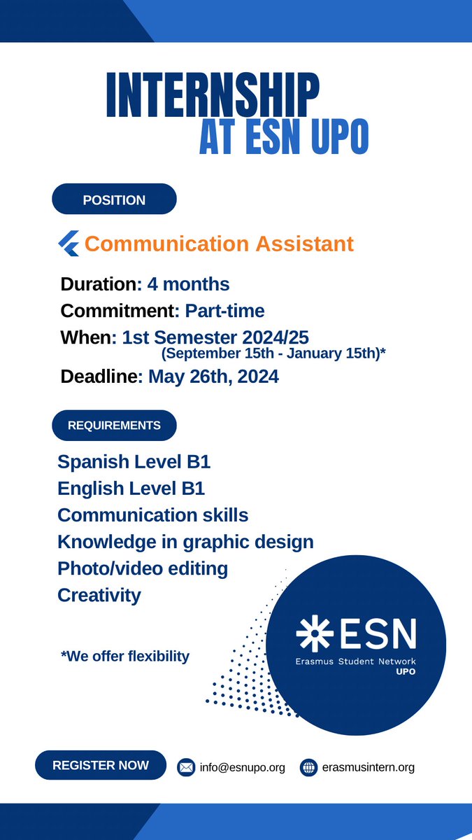 ESN_UPO's tweet photo. 📲 Communication Assistant

Consulta en el siguiente enlace el período de estancia, los requisitos, las tareas que tendrías que llevar a cabo y lo que te ofrecemos: https://t.co/aVTpWF4iww
👏🏻👏🏻👏🏻

#ErasmusInternship #Internship #Communication #ErasmusPlus https://t.co/x8Ln7nMkhv