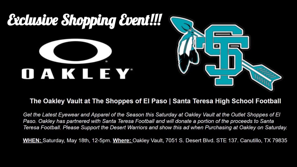 Please come support our FB fundraiser this Saturday (5/15/24) from 12-5 at the Oakley Vault - Outlet Shops of El Paso (Westside El Paso). <a href="/STHSWarriors/">Santa Teresa High School</a> <a href="/GadsdenISD_NM/">Gadsden ISD</a>