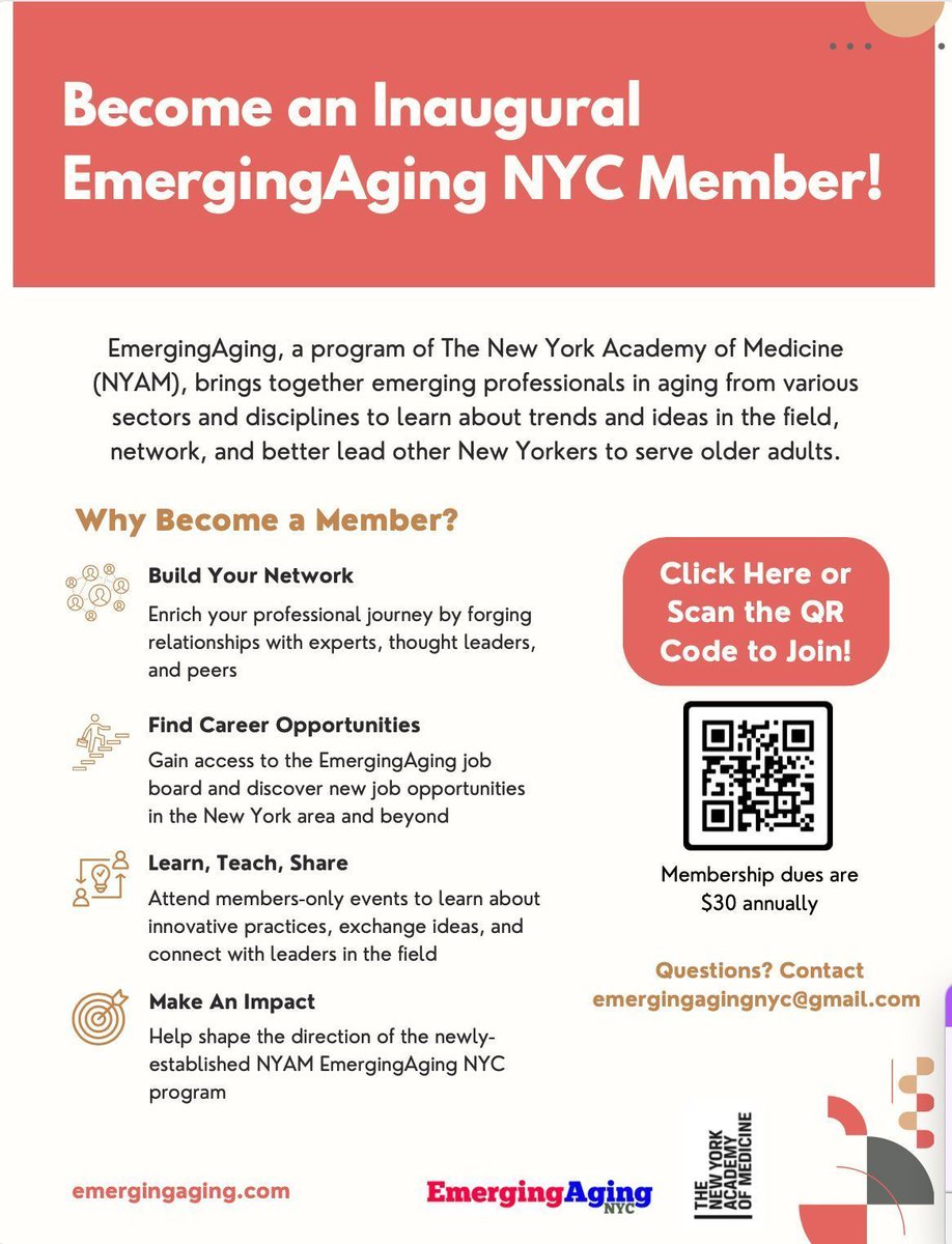 Calling all early and mid-career aging professionals- Join EmergingAging by @NYAMNYC! Build your network, find career opportunities, learn from experts, and make an impact in aging. Join us in shaping the future! #EmergingAging #NYAM Find out more here: buff.ly/4b7s78G
