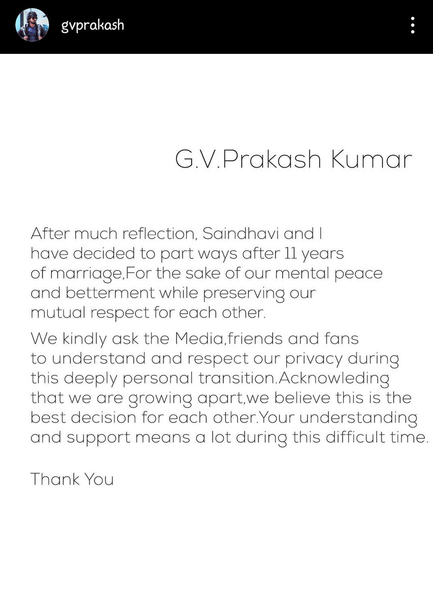 Official : #GVPrakash & #Saindhavi are separated each other. 💔