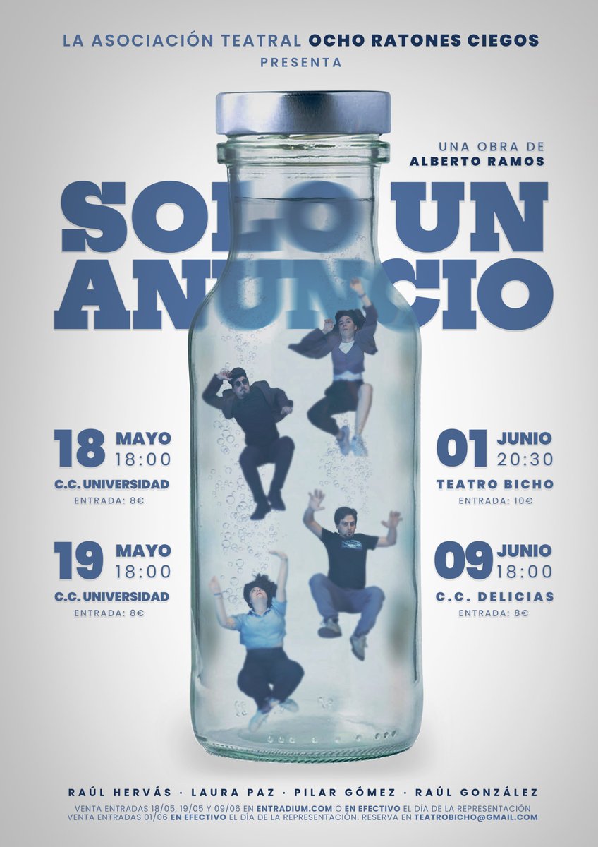 ✨🎭OBRA DE TEATRO🎭✨

¡Este fin de semana estrenamos en Zaragoza la obra «Solo un anuncio» con el grupo Ocho ratones ciegos!

Si todavía no nos habéis visto en los últimos nueve años (ya os vale), esta comedia es la oportunidad perfecta para hacerlo.

entradium.com/es/organizers/…
