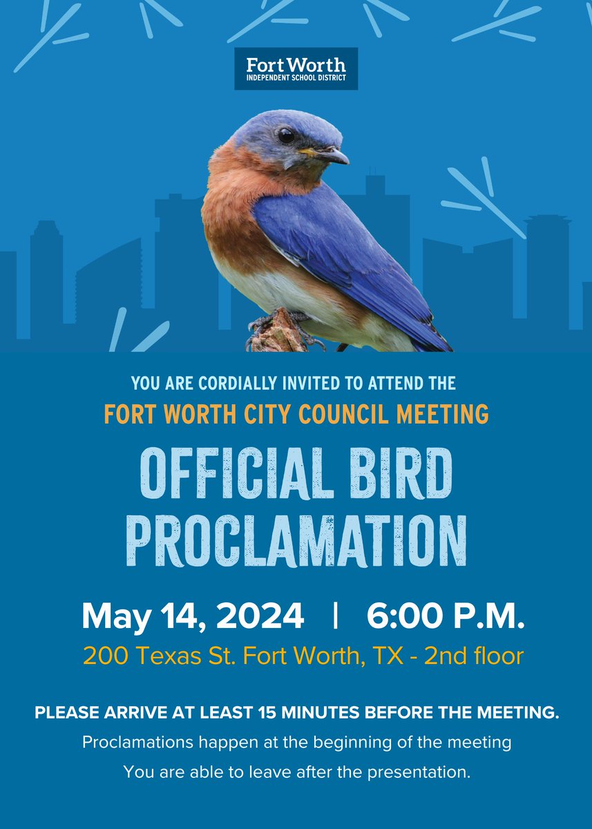 The city of Fort Worth is thrilled to announce the Eastern Bluebird as our official city bird! 🐦 Our FWISD students played a pivotal role in this historic milestone! Let's mark this significant moment together! #FWISD #EasternBluebird