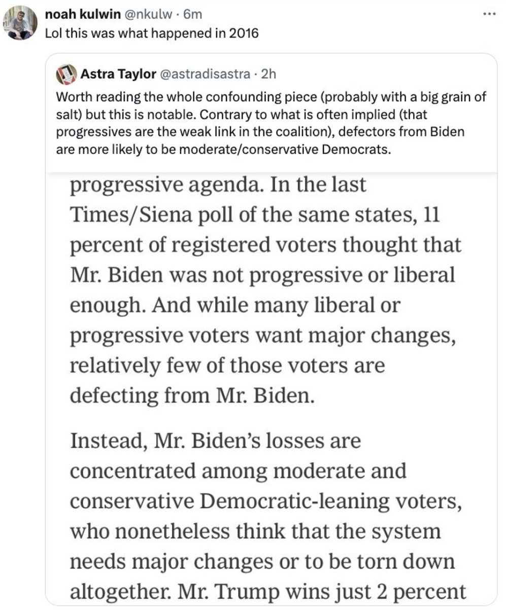 These two tweeters seem confused to me. But, yes, Biden's electoral problem is with moderate voters not with leftist ones. He needs to court them more and ideally leftist influencers would be happy to see him do it.