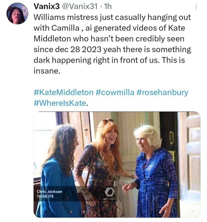 mireillegullif1's tweet photo. @UKRoyalWatch @ladystardust64 @blowingtom2 Well i am british and can honestly say meghan is liked more than not.
 I think maybe you should worry about #WhereIsKateMiddleton as Rose #workshywill mistress was hanging around with camilla on outings kate should be at lol https://t.co/JZCSelpP9a