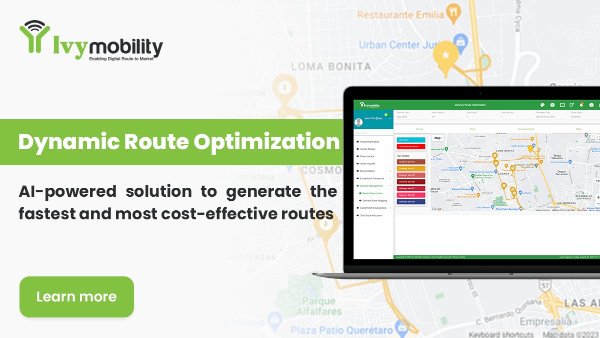 ivymobility's tweet image. Discover Ivy Mobility&apos;s AI-driven Route Optimization for tailored service routes, maximizing efficiency. Seamlessly integrate with your  Distribution Management Solution for optimal results. 
Learn more: bit.ly/4ajz5qf
#RouteOptimization #SupplyChain #ConsumerGoods