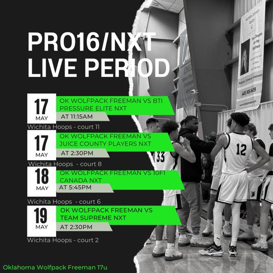Oklahoma Wolfpack 17U (Freeman) (@2025wolfpack) on Twitter photo 🚨 Live period‼️
📍Wichita ,Ks/ Wichita Hoops gym
🏀 Coaches I have a great group of young men who compete at a high level and are open to every level of recruitment💯 come check us out 🏀
<a href="/PRO16League/">PRO16/NXTPRO League</a> <a href="/NxtProHoops/">NXTPRO Hoops</a> <a href="/OkieBall_1/">OkieBall</a> <a href="/Derek__Murray/">Derek Murray</a> <a href="/shanku_nair/">shanku nair</a> <a href="/NXTPROHoopsSW/">NXTPRO Southwest</a> 🚨 Live period‼️
📍Wichita ,Ks/ Wichita Hoops gym
🏀 Coaches I have a great group of young men who compete at a high level and are open to every level of recruitment💯 come check us out 🏀
<a href="/PRO16League/">PRO16/NXTPRO League</a> <a href="/NxtProHoops/">NXTPRO Hoops</a> <a href="/OkieBall_1/">OkieBall</a> <a href="/Derek__Murray/">Derek Murray</a> <a href="/shanku_nair/">shanku nair</a> <a href="/NXTPROHoopsSW/">NXTPRO Southwest</a>