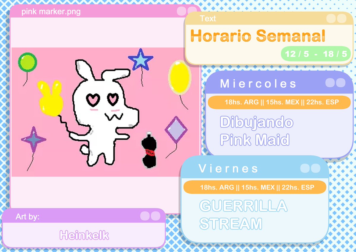 pink_mvstreamer's tweet photo. ❣ Horario Semanal ❣
【Semana del X - X】
Oshi mark: ❣🐰🖍
🎨#PinksGallery
🐰#PinksMeems
❣Redes: https://t.co/GbOtmLfPUK
❣Coms: https://t.co/FD6Q6NKj2U
🖌: @/HeinkelK
#Vtuber #Vtubers https://t.co/NfRsQ81Ljn