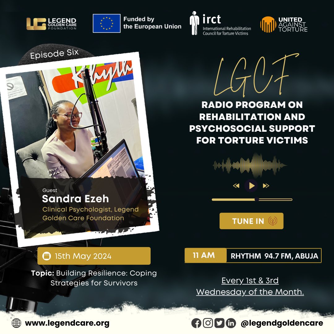 Every voice deserves to be heard, especially those of torture survivors.

This Wednesday, we will be discussing helpful coping strategies for torture survivors with our clinical psychologist, Sandra Ezeh. 

Tune in to Rhythm 94.7 FM, Abuja, at 11 AM to share experiences,