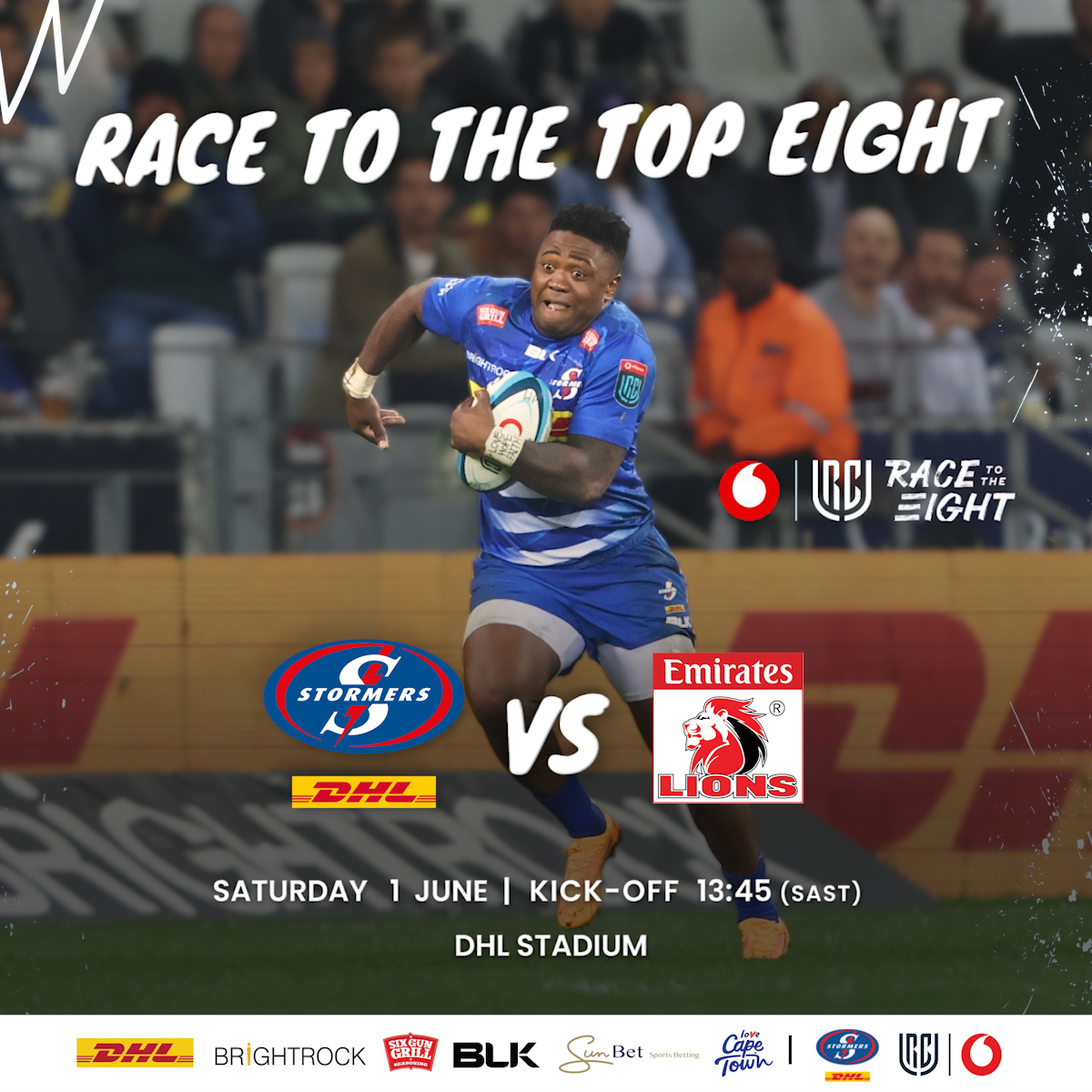 We need you there at DHL Stadium for our last push in the #RaceToTheEight as we end the regular season with a big SA derby. 🎟️ Tickets here bit.ly/STOvLIO_24_X #STOvLIO #iamastormer #dhldelivers @Vodacom #URC