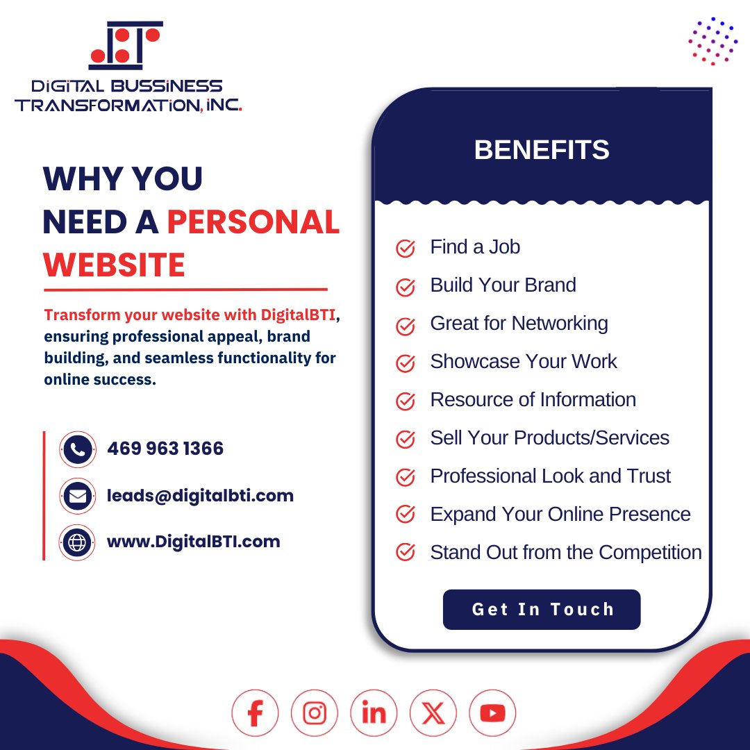 Get in touch with DigitalBTI today to make sure your website looks professional, strengthen business identity, and succeed online. 💻✨

#DigitalBTI #PersonalWebsite #BrandBuilding #OnlineSuccess #WebsiteDesign #ProfessionalAppeal #ContactUs #DigitalTransformation #WebDevelop ...