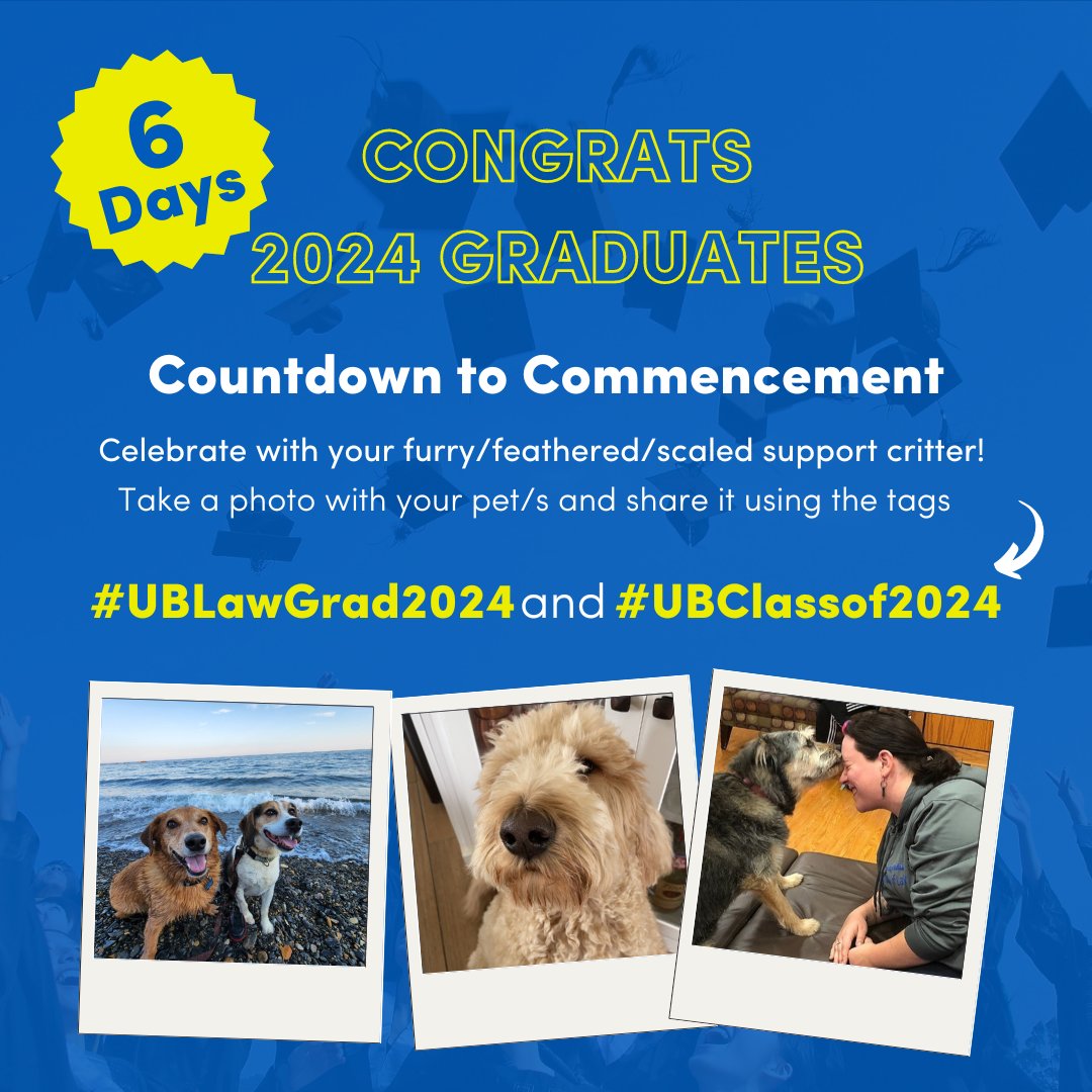 Take and Share Photos with Pets! Celebrate with your furry/feathered/scaled support critter! Post a photo of you with your pet/s and share it to social media using the hashtags #UBClassOf2024and #UBLawGrad2024. #UBuffalo #UBuffaloLaw