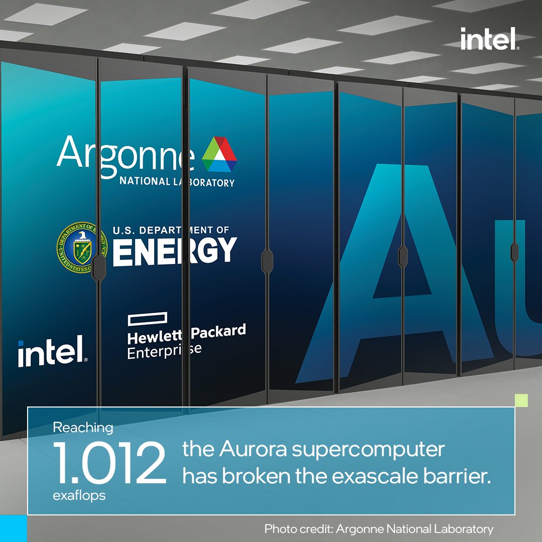 The Intel-powered Aurora supercomputer has broken the exascale barrier! Aurora is the second largest #HPC system in the world dedicated to scientific advancement. Congrats to the incredible teams at <a href="/argonne/">Argonne National Lab</a>, <a href="/HPE/">HPE</a>, and Intel for reaching 1.012 exaflops. intel.ly/3WLZlGi
