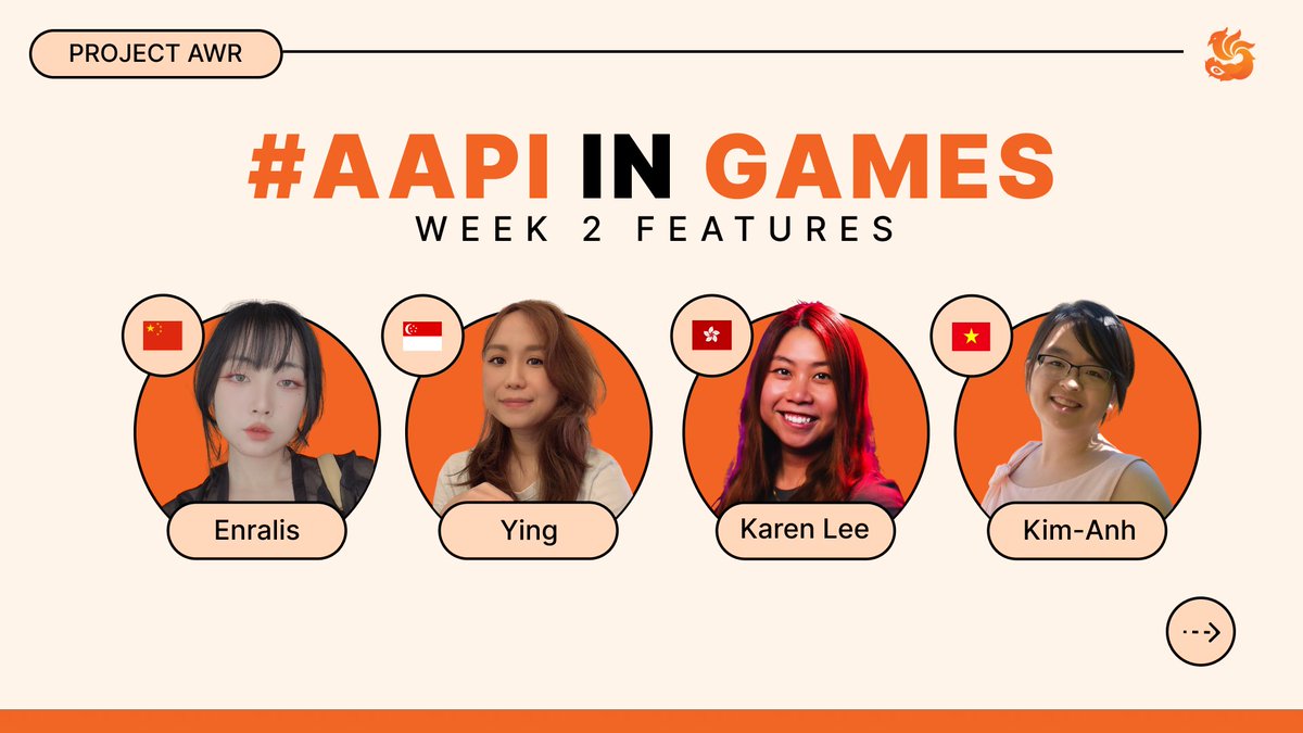 ProjectAWR's tweet image. This week of #AAPIInGames features:
• @enralis, Artist &amp;amp; half of @snackodev
• @yingleberry, Sr Character Artist at @Blizzard_Ent
• @kalyrical, Community at @Respawn (&amp;amp; one of our co-founders)
• @TKA_KimiNako, Visual Novel Developer of &quot;Where Are You, Cinderella?&quot;

#AAPIHM