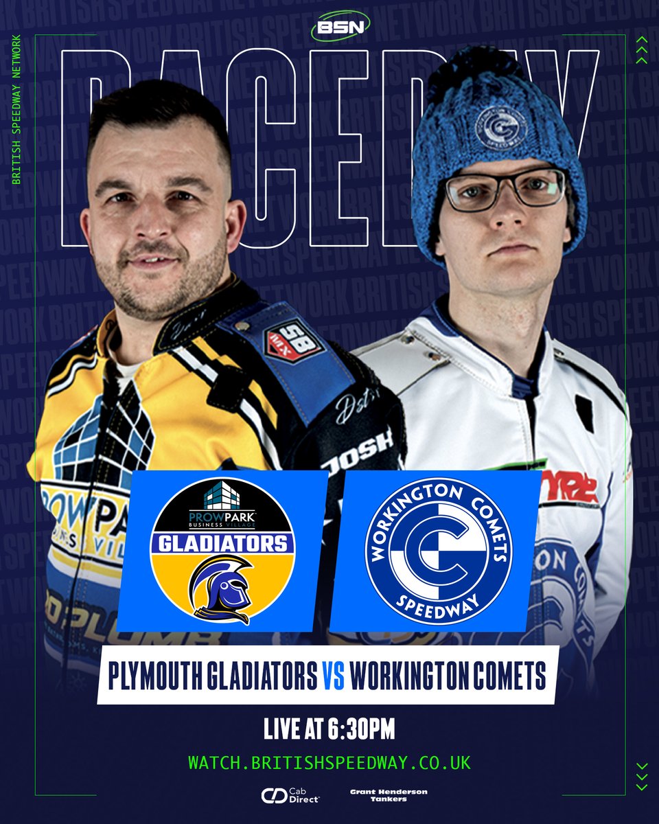 🚨 𝙇𝙄𝙑𝙀 𝙊𝙉 𝘽𝙎𝙉 𝙏𝙊𝙉𝙄𝙂𝙃𝙏! We bring you live Cab Direct Championship action from the Plymouth Coliseum this evening (Tuesday) when @PlymouthGladia1 take on @workycomets. ⏰ Live @ 6.30pm 📺 𝙎𝙏𝙍𝙀𝘼𝙈 👉 bit.ly/gladiatorsvcom… 🤝 @cabdirect | 🇬🇧 @SpeedwayGB