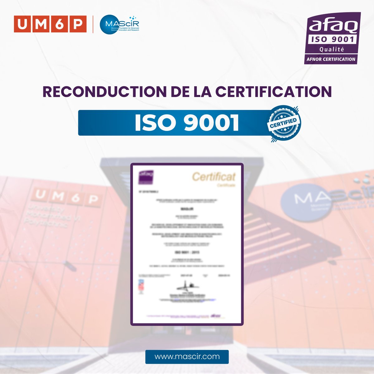 FondationMascir's tweet photo. Suite Ă l'audit de renouvellement des processus et activitĂ©s de #MAScIR-@UM6P_Officiel, le comitĂ© d'audit Afnor a recommandĂ© la reconduction de la certification ISO 9001 de la fondation pour ce 3Ăšme cycle. đ
#Qualité #Engagement #MAScIR https://t.co/JB2sTn9bXC