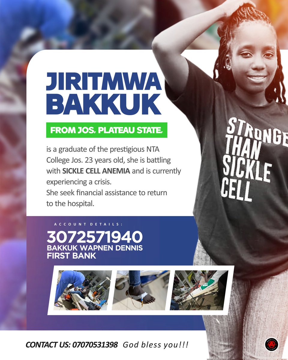 Jiritmwa Bakkuk, from Jos, Plateau State, is a graduate of the prestigious NTA College Jos. 23 years old, she suffers from Sickle Cell Anemia and is currently experiencing a crisis. She is seeking financial assistance to return to the hospital. #SupportJirit