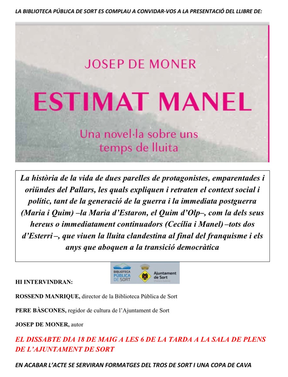 bibliosort's tweet photo. 📖 Voleu saber com continua la història de la Maria d'Estaron? Us convidem a la presentació del llibre "Estimat Manel", la nova novel·la de Josep de Moner, aquest dissabte 18 de maig a les 6 de la tarda a la sala d'actes @ajuntamentsort @josepdemoner https://t.co/IGpANHXmMo https://t.co/Rqnl0cCeqY