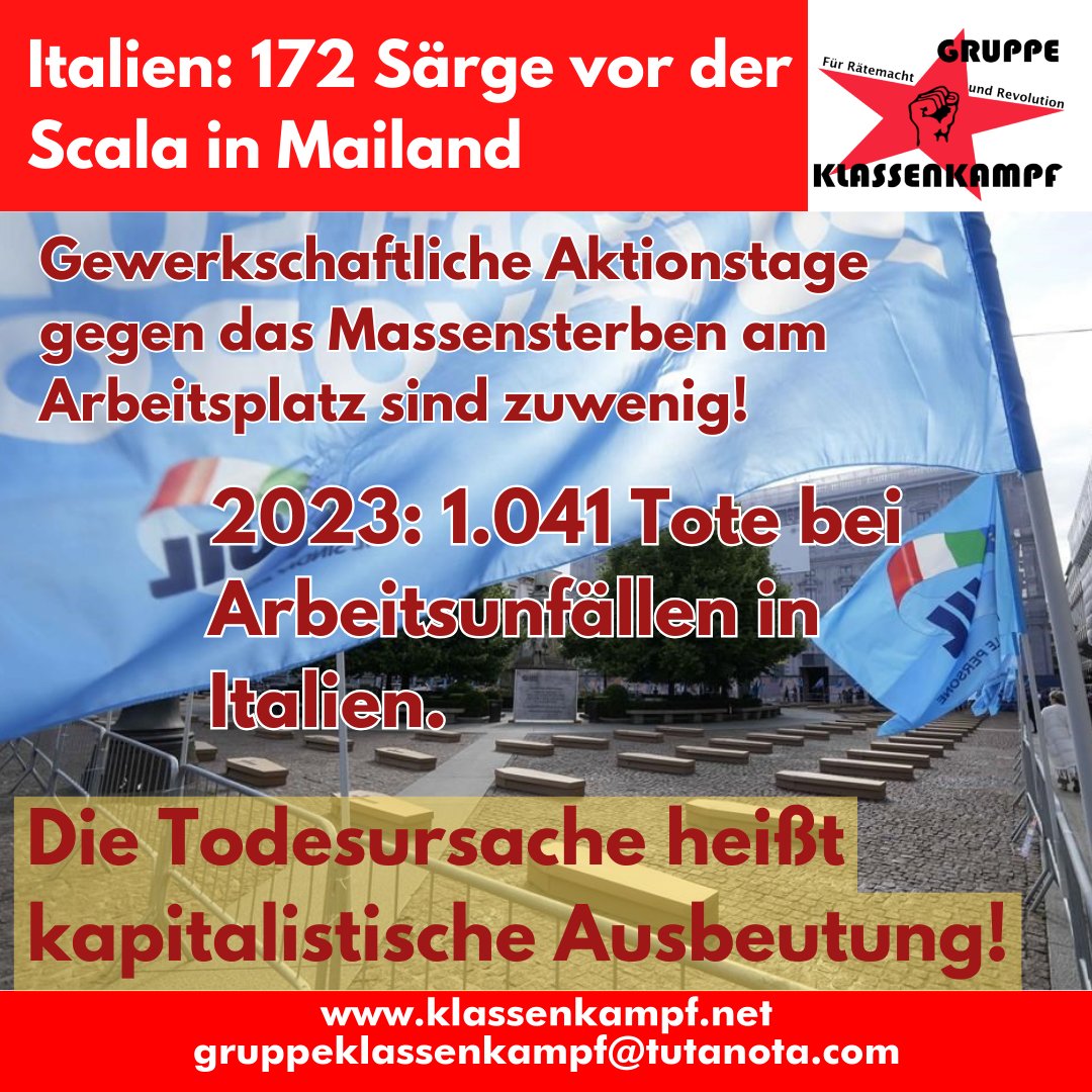 Im Nachbarland Italien gibt es Proteste gegen die wachsende Zahl tödlicher Arbeitsunfälle. Die Aktionstage der Gewerkschaften sind zuwenig. Sie gehen nicht die Wurzel:das kapitalistische Lohnsystem, das buchstäblich über Leichen geht.#mortibianche #solidarietà #consiglioperai