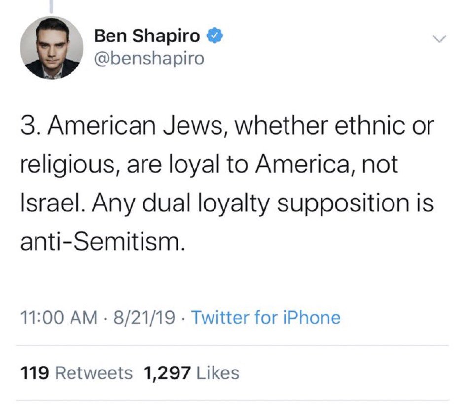 I still think about how Ben Shapiro thinks it’s anti-Semitism to say he has dual loyalty to Israel