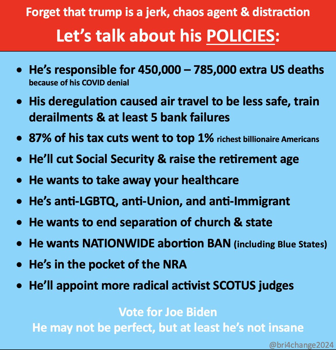 #wtpBLUE #wtpGOTV24 
I’m voting for Joe Biden in November. Just look at what Trump did. No way should he get another term.