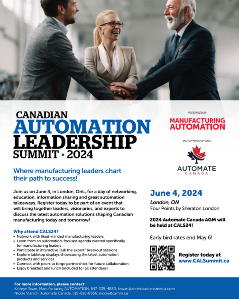 Don't miss Automate Canada's Leadership Summit and Annual General Meeting! 

Early bird discounted rate (save $30) until May 6th!

📅 June 4th, 2024
📍 Four Point Sheraton London, London ON
📲 i.mtr.cool/tbbrvsofdl

#automatecanada #automation #CALSummit #canadianmanufacturing