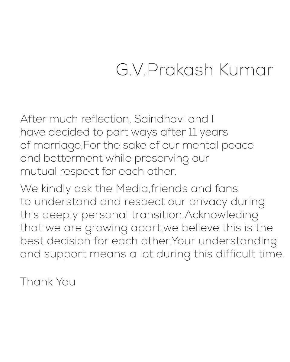 Music composer, singer and actor @gvprakash announces his divorce with his wife Saindhavi. They have requested for their privacy at this point of time.