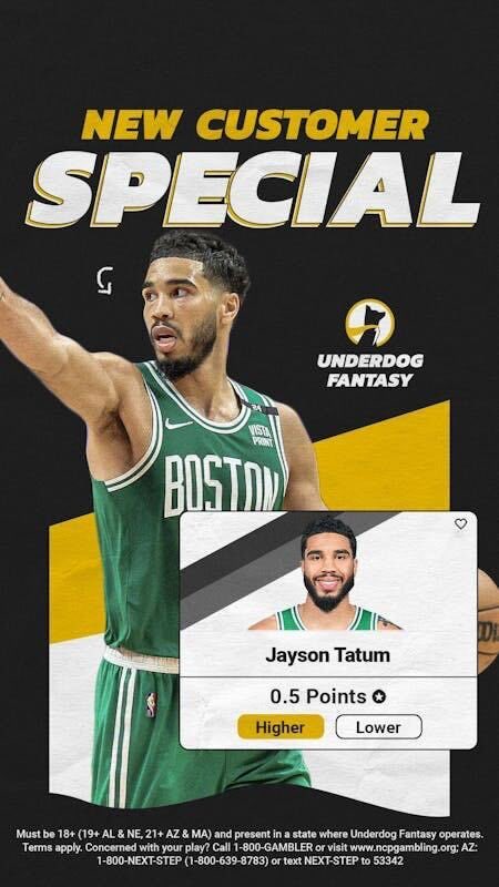 Free Pick on Underdog for NEW Users Tonight🔒 Tatum 0.5 Points Sign up with code FTN to claim your Special Pick + First Time Deposit up to $250 in bonus cash⤵️ play.underdogfantasy.com/p-ftn
