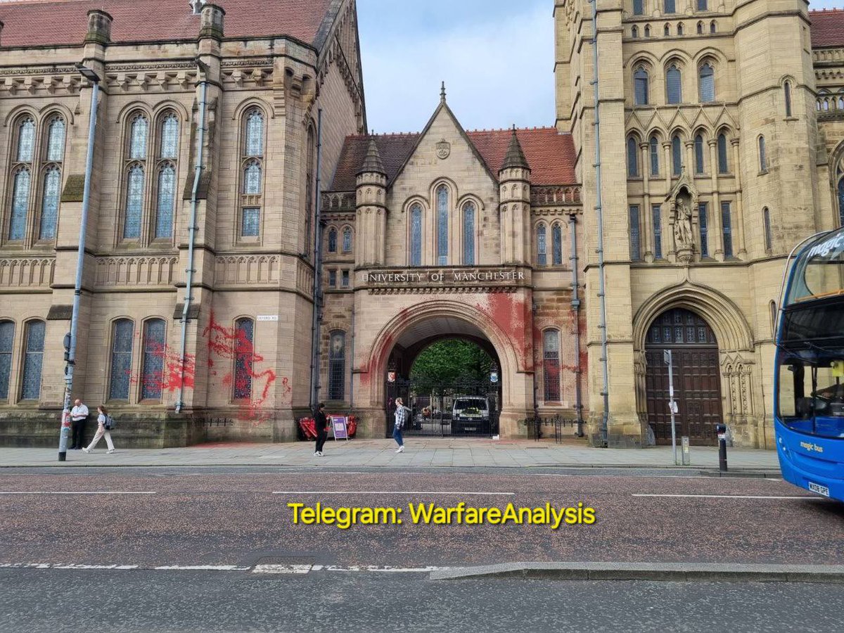 BREAKING || The University of Manchester gets sprayed with red paint, symbolising their complicity in Palestinian bloodshed.

The university sends students to study on illegal Israeli settlements through its partnership with Hebrew University. They also partner with BAE Systems.