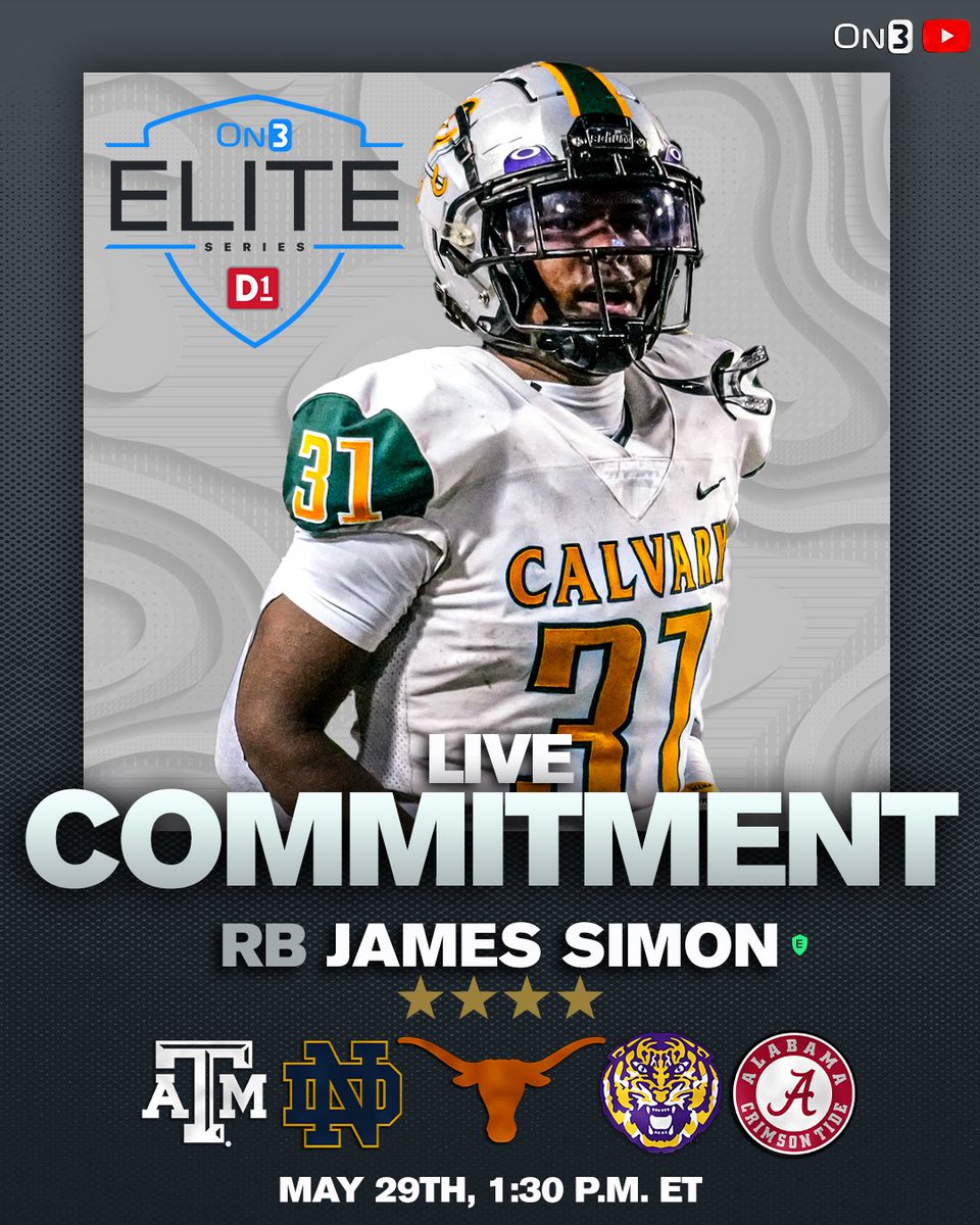 𝙀𝙡𝙞𝙩𝙚 𝙎𝙩𝙖𝙧𝙩𝙨 𝙃𝙚𝙧𝙚 RB James Simon will decide between Texas A&M, Notre Dame, Texas, LSU, and Alabama LIVE from the On3 Elite Series‼️ ￼ youtube.com/@On3Recruits