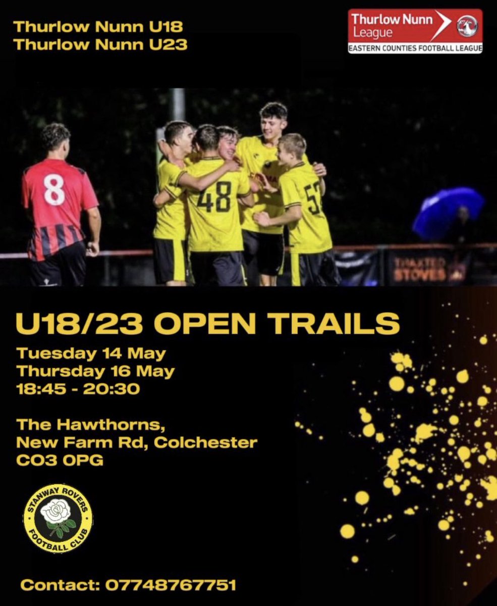 Stanway Rovers U18s & 23s are holding a couple of trial games this week before the new season start, please use the contact details below for lads interested. 🖤💛⚽️ #WeAreStanway