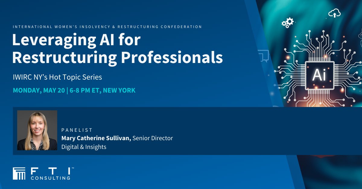 Join expert Mary Catherine Sullivan at the @IWIRC's 'Leveraging AI for Restructuring Professionals' panel event where she and industry experts will discuss critical AI considerations for using AI technology within the Restructuring space. Register today: bit.ly/3yfS7QZ