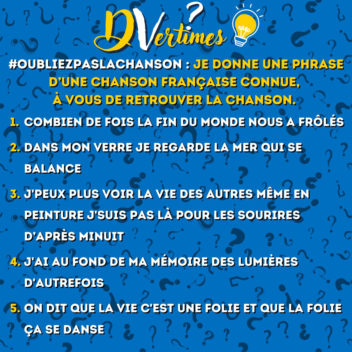 C'est le retour de n'#OubliezPasLaChanson !

Je veux le titre de la chanson, l'artiste c'est trop simple😅😉

Et on oublie pas de RT pour la visibilité et le soutien 💪