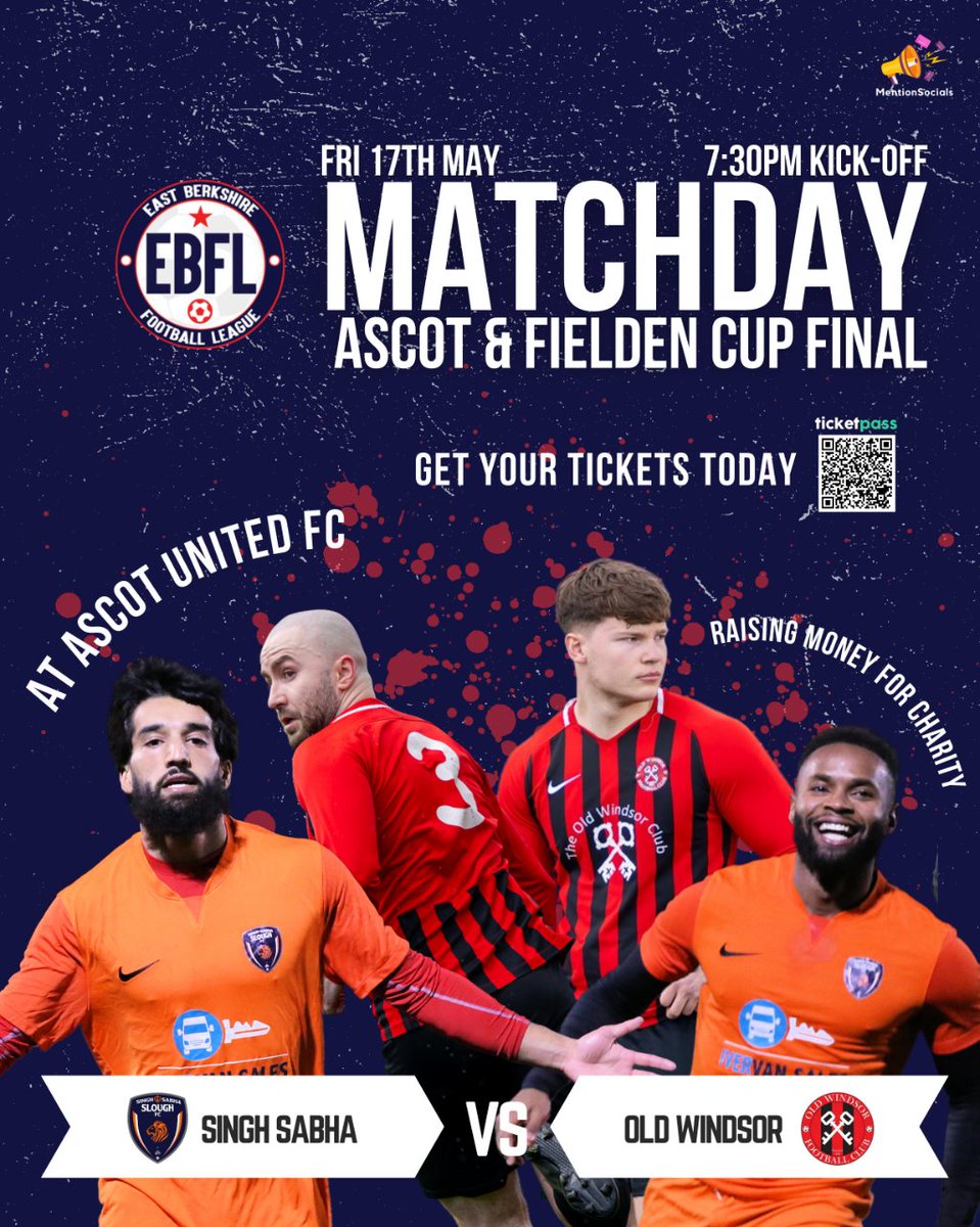 This Friday we have the Ascot & Fielden Cup Final between @SabhaFc & @OldWindsorFC! Get down to @AscotUnitedFC for your football fix this Friday night 👏🏻 Tickets are on sale now (a reminder that all profits go to @thameshospice) > i.mtr.cool/sjduvtoipx #EBFL