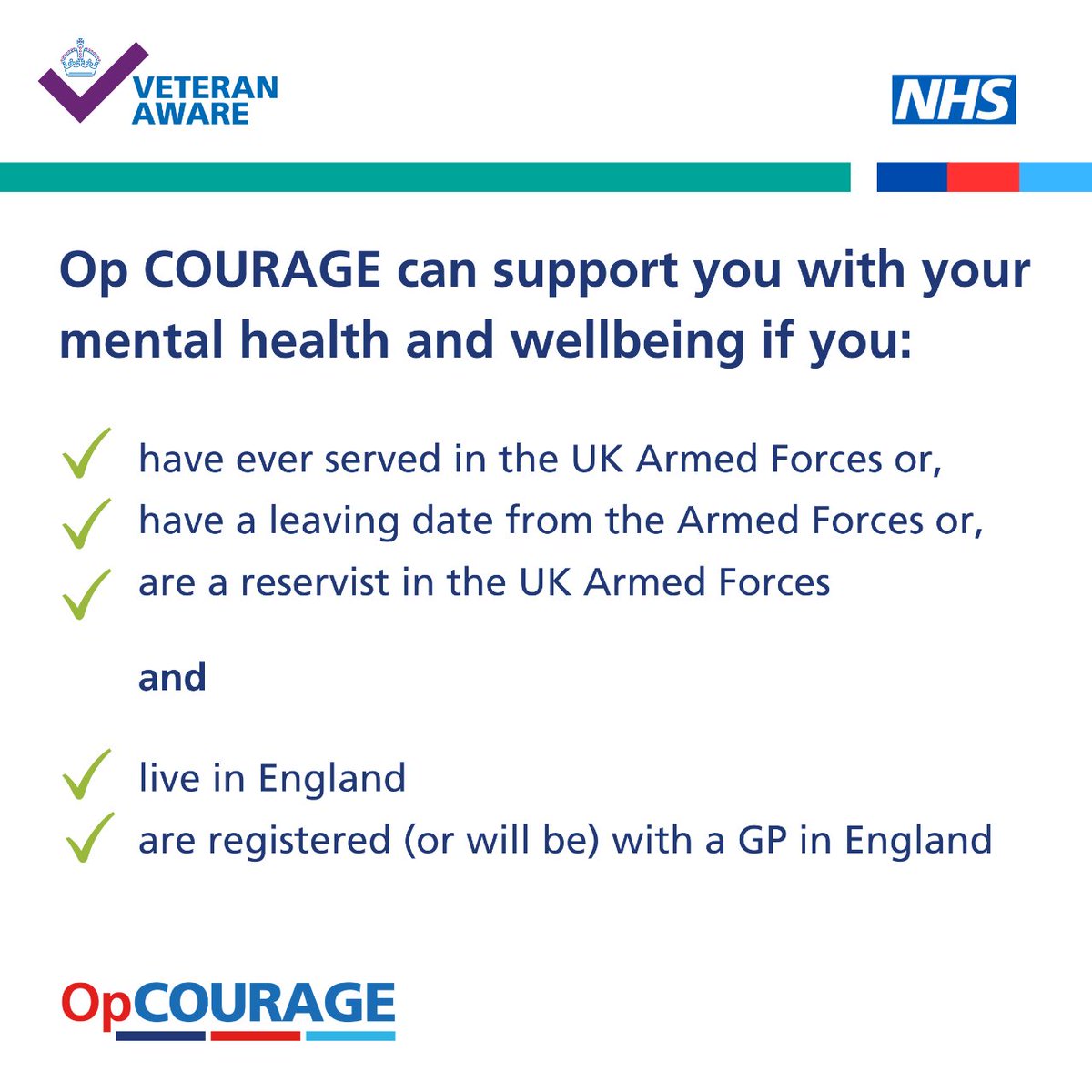 Did you know that anyone can make a referral to Op COURAGE on behalf on a veteran, reservist or service leaver?  Details of how to make a referral can be found at nhs.uk/opcourage #MentalHealthMatters @NHSArmedForces @NHSEArmedForces @NHSOpRESTORE @OpNOVA_UK