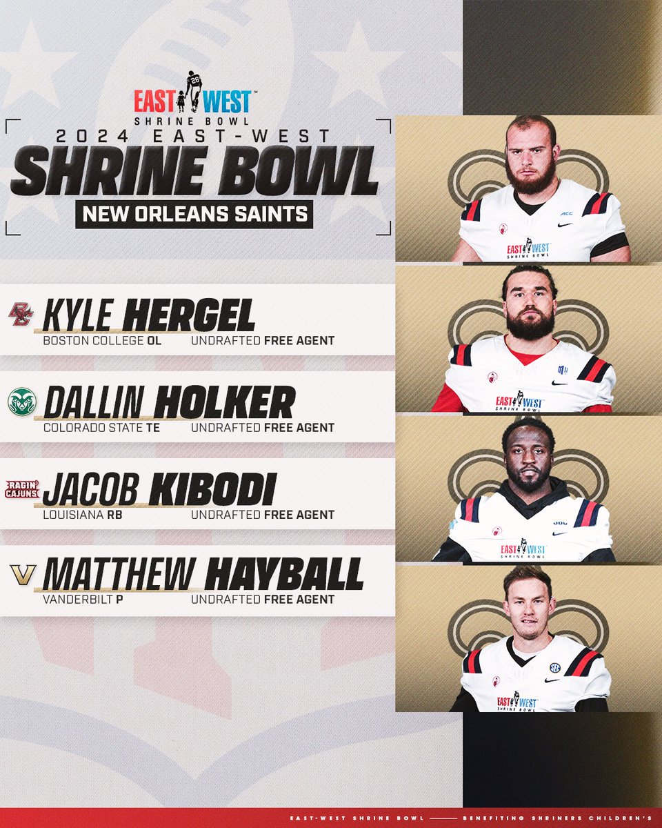 East-West Shrine Bowl (@shrinebowl) on Twitter photo From the #ShrineBowl to the <a href="/Saints/">New Orleans Saints</a>!
💫 Bub Means (<a href="/twoplayaBub/">sideshowbub ひ</a>)
💫 Kristian Boyd (<a href="/KhristianBoyd99/">Kdub</a>)
💫 Josiah Ezirim (<a href="/Josiah_Ezirim/">Josiah Ezirim</a>)
💫 Trajan Jeffcoat
💫 Kyle Hergel (<a href="/kyledawg60/">Kyle Hergel</a>)
💫 Dallin Holker (<a href="/D_HOLKER/">Dallin Holker✖️</a>)
💫 Jacob Kibodi (<a href="/JacobKibodi/">Jacob Kibodi</a>)
💫 Matthew Hayball (<a href="/matthewhayball/">Matthew Hayball</a>) From the #ShrineBowl to the <a href="/Saints/">New Orleans Saints</a>!
💫 Bub Means (<a href="/twoplayaBub/">sideshowbub ひ</a>)
💫 Kristian Boyd (<a href="/KhristianBoyd99/">Kdub</a>)
💫 Josiah Ezirim (<a href="/Josiah_Ezirim/">Josiah Ezirim</a>)
💫 Trajan Jeffcoat
💫 Kyle Hergel (<a href="/kyledawg60/">Kyle Hergel</a>)
💫 Dallin Holker (<a href="/D_HOLKER/">Dallin Holker✖️</a>)
💫 Jacob Kibodi (<a href="/JacobKibodi/">Jacob Kibodi</a>)
💫 Matthew Hayball (<a href="/matthewhayball/">Matthew Hayball</a>)