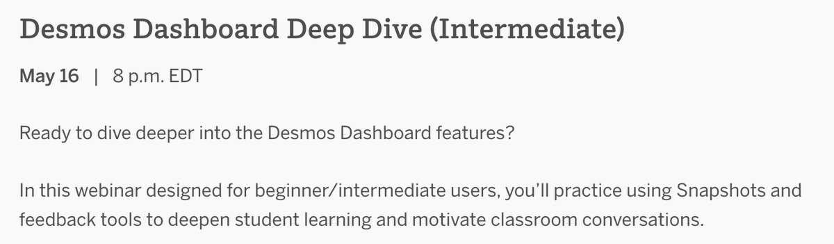 Hi math friends - Interested in learning more about @desmosclassroom ' s dashboard? Join me this Thursday for a free webinar! #mtbos #iteachmath go.info.amplify.com/fy22_desmoscla…
